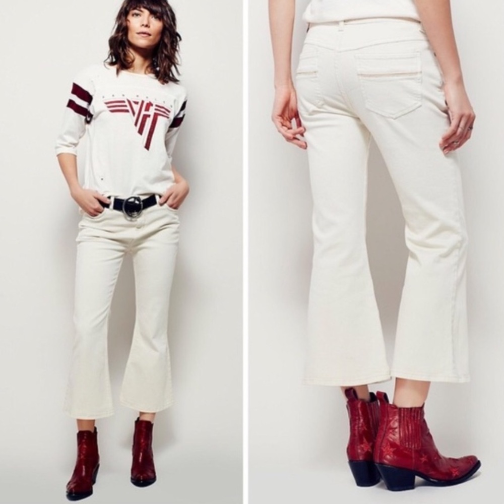 Free People Chloe Kick Flare Cropped Jeans Size 25 Beige Creme Country Western